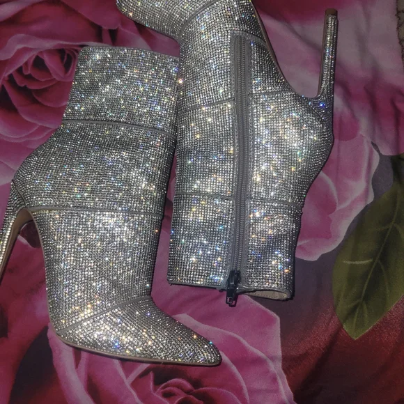 Steve Madden Silver Crystal Zip Pointed Toe Ankle Heels - Picture 5 of 6